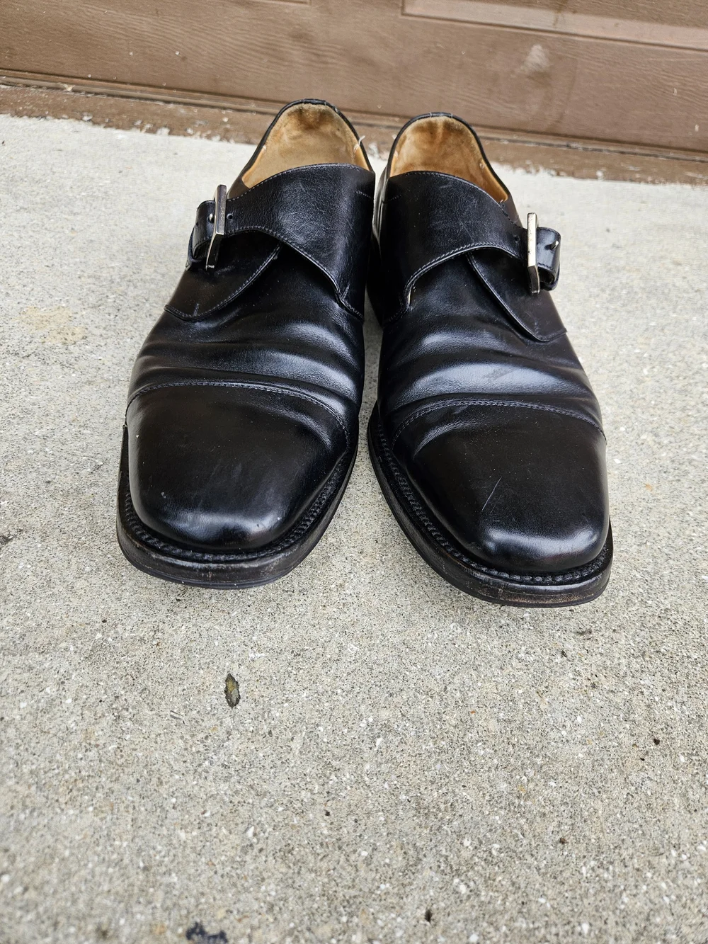 Salvatore Ferragamo, Men's Single Monk Strap Dress Shoes, Black Leather, 9.5D